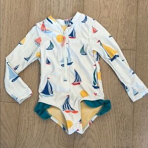 Pink Chicken Kids Swim One Piece - White with Multicolor Sailboats